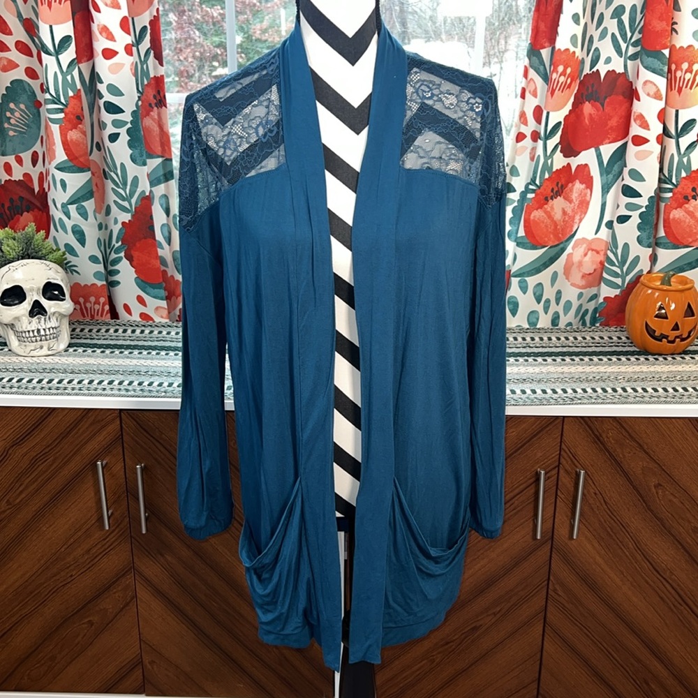 Torrid Teal Super Soft Cardigan Lace Yoke Open Front Size 00